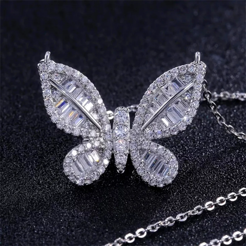 New Silver Butterfly Diamond Necklace - Picture 1 of 2